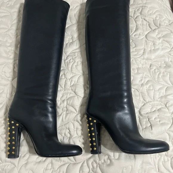 Gucci Studded Heel Knee High Boots Black Leather Womens EU 38 US 7.5 - Picture 1 of 7